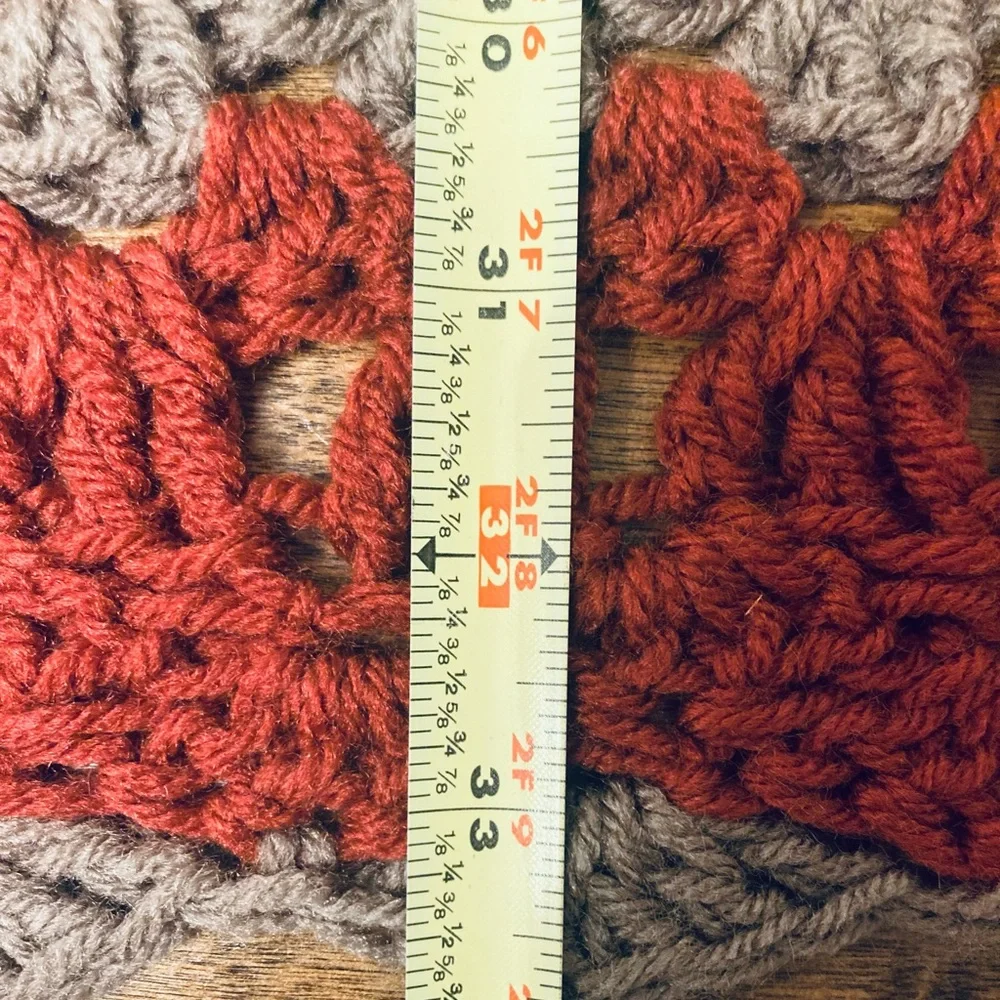 Vintage hand made retro burnt orange and grey knitted crochet granny table cover